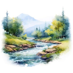 Conjunto de 10 imágenes prediseñadas de paisajes de ríos, pintura digital con acuarela, paisajes naturales al aire libre, ilustración de la naturaleza de la ribera del río, paquete de imágenes prediseñadas de campo