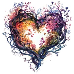 10 set di clipart del cuore della foresta, pittura ad acquerello digitale, rami intrecciati, illustrazione, magico bosco floreale, natura, clip art