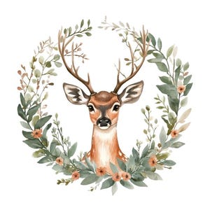 Ensemble de 10 cliparts cerf, peinture aquarelle numérique, illustration florale, graphiques botaniques, animaux des bois, créature de la forêt, clipart