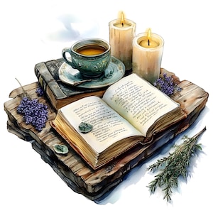 10 dagboekboeken Herbal Tee Cande clipart set digitale aquarel schilderij gezellige vintage illustratie romantische theetijd leesscène illustraties