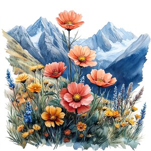 Ensemble de 10 cliparts paysage de montagne fleurs alpines, aquarelle numérique, Illustration botanique, clipart floral fleurs des prés