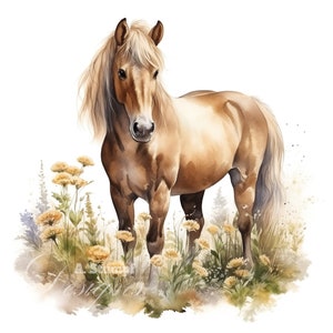Conjunto de 10 imágenes prediseñadas de ponis, acuarela digital, lindos animales de granja, ilustraciones, invitaciones para fiestas infantiles, gráficos, decoración para baby shower