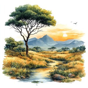 10 set di clipart di paesaggi della savana africana, arte murale panoramica, acquerello digitale, fauna selvatica africana, illustrazione di safari, clipart della natura
