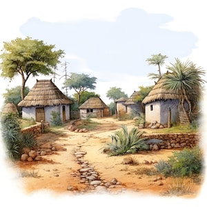 10 African Village Scene Clipart Digital Watercolor Painting Safari Bushland Landscape Illustration Rustic Cultural Tribal Clip Art Bundle