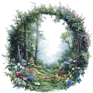 Ensemble de 10 cliparts de couronne de paysage forestier de printemps, peinture à l'aquarelle numérique, illustration de la forêt printanière, nature florale, clipart clipart