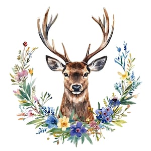 Lot de 10 cliparts Floral portrait de cerf, peinture aquarelle numérique, illustration d'animaux de la forêt, couronne de fleurs, bois élégants, Clip Art Bundle