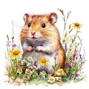 10 set di clipart di fiori selvatici di criceto, illustrazione di roditori carini, grafica della natura, ritratto di animali domestici, clip art di animali selvatici di campo floreale