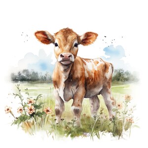 10 set di clipart di vitelli, pittura ad acquerello digitale, illustrazione di animali da fattoria, carino giovane mucca, grafica, campagna, fascino rurale, clip art, bundle