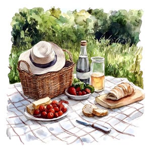 10 Picknick Sommer Landschaft Clipart Set Digital Aquarell Malerei Essen Grafik Illustration gemütlich Outdoor Clip Art Bundle Garten Party Szene