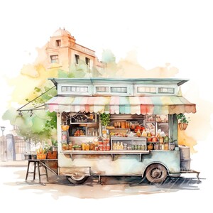 10 Street Food Cart Truck Clipart Set Digital Watercolor Painting Culinary Clip Art Bundle City Food Scene Illustration Gourmet Vendor Art