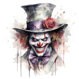 Conjunto de 10 clipart de palhaço assustador Pintura em aquarela digital Ilustração de Halloween Pacote de clipart assustador Arte do Coringa sinistro Imagem de sorriso maligno