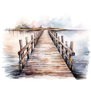 10 Rustikale Alte Holzpier Clipart-Set Digitale Aquarellmalerei Küstendock Illustration Seaside Wharf Grafik Wassersteg Clip Art