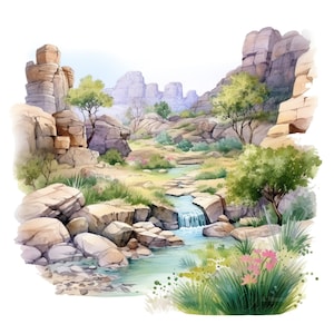 10 paisajes rocosos en primavera, conjunto de imágenes prediseñadas, pintura de acuarela digital, ilustración de paisajes naturales, rocas de montaña, paquete de imágenes prediseñadas de primavera