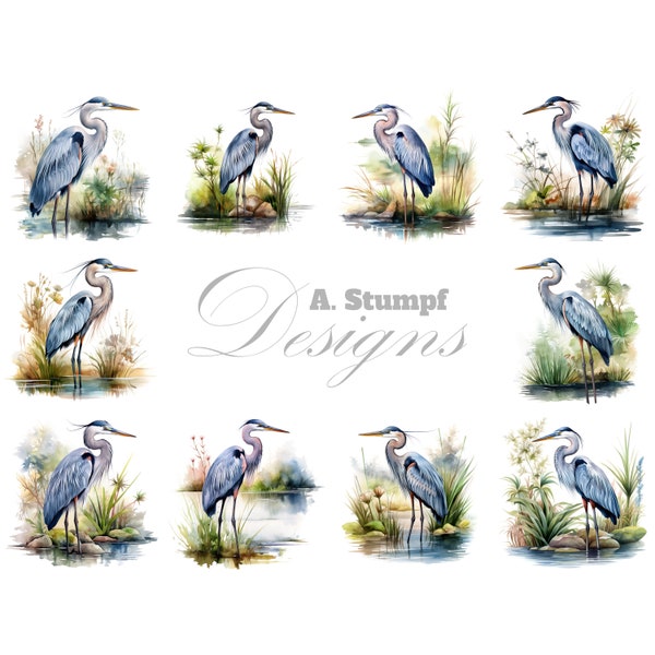 Blue Heron Clipart Bird Clip Art Wildlife Watercolor Illustration Printable Wall Art Crafting Supplies Whimsical Decor DIY Crafting Elements