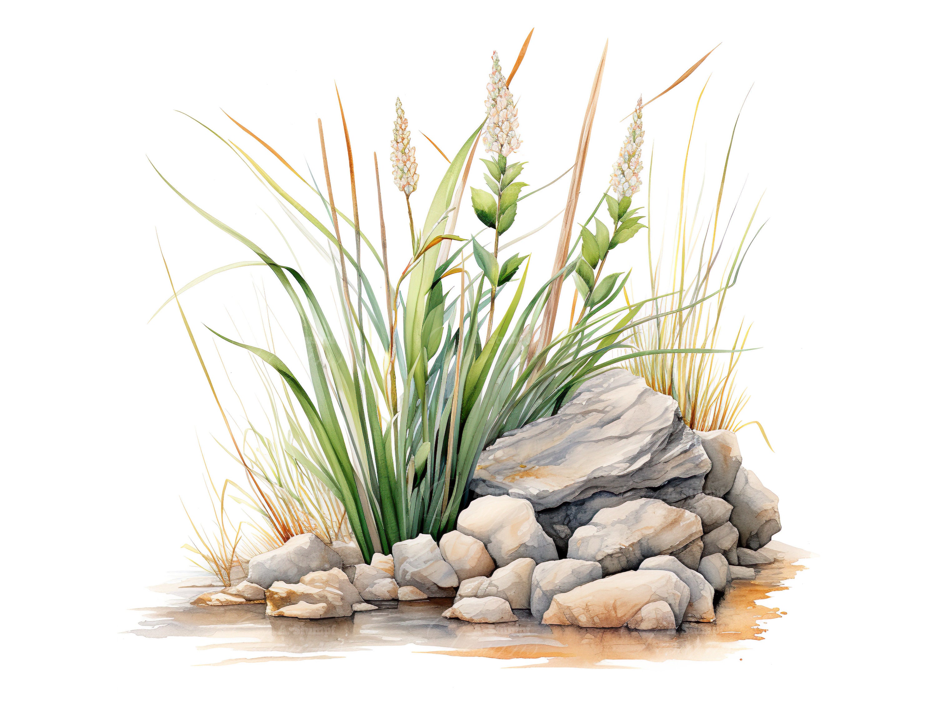 10 Bulrushes Among Rocks, Watercolor Nature Clipart, Digital Botanical ...