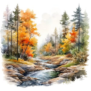 Conjunto de 10 imágenes prediseñadas de paisajes otoñales de bosque, pintura de acuarela digital, ilustración de escena de otoño de bosque, paquete de imágenes prediseñadas de paisajes de naturaleza rústica