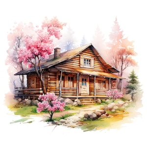 10 blokhut clipart set digitale aquarel schilderij lente landschap illustratie rustiek landhuis lente huisje clip art bundel