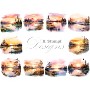 Conjunto de imágenes prediseñadas de lago al atardecer, arte de paisaje, acuarela digital, paquete de imágenes prediseñadas de pintura de paisajes naturales, póster de impresión artística de atardecer junto al lago