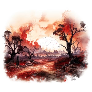 Ensemble de 10 cliparts paysage infernal, peinture aquarelle numérique, graphiques du ciel sombre, illustration de roches enflammées, lueur étrange, coulée de lave, clipart