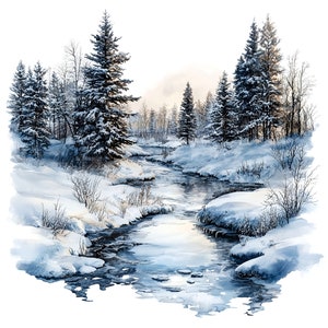 10 paysage hivernal au pays des merveilles, clipart forêt enneigée, Illustration montagnes givrées, scène de lac glacé, nature enneigée Clip Art