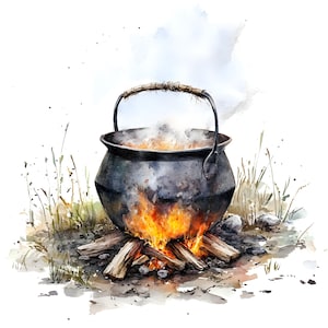 10 Conjunto de clipart de caldeirão medieval Pintura em aquarela digital Ilustração de culinária rústica para fogueira Pacote de clipart de fogueira vintage antiga