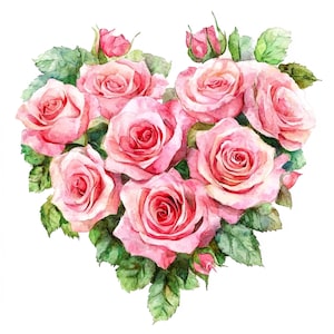 10 Conjunto de clipart de rosas em forma de coração Pintura em aquarela digital Buquê floral Ilustração Flores românticas Dia dos namorados Clip Art Pacote