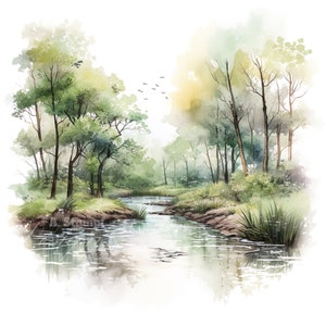 Conjunto de 10 imágenes prediseñadas de acuarela de paisajes de bosques pantanosos: 10 descargas digitales de alta calidad, perfectas para álbumes de recortes, invitaciones y manualidades