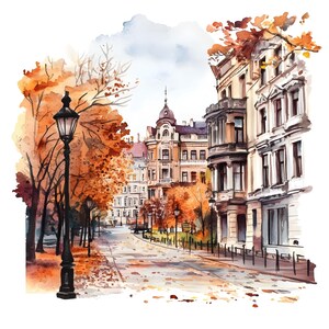 10 imágenes prediseñadas de paisaje urbano otoñal, pintura digital en acuarela, paisaje urbano otoñal, ilustración de ciudad acogedora, ambiente de ciudad, escena callejera, paquete de imágenes prediseñadas