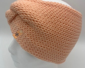 Light Peach - Winter headband ear warmer double layer knit handmade