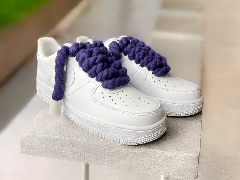 Chunky Laces Purple 14mm thick shoelaces 140cm length , made from macrame twisted cotton rope, threaded in Air Force 1s. These premium laces transform classic sneakers with a unique style, merging personal flair with robust aesthetics.