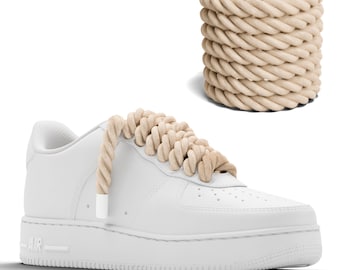 Chunky Laces 10mm Thick Cotton Rope Shoelaces 2pcs, Beige with White Tips, Natural Twisted Custom AF1 Sneakers, Air Force 1, Macrame Rope