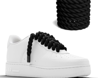 Chunky Laces 10mm Thick Cotton Rope Shoelaces 2pcs, Black with Black Tips, Natural Twisted Custom AF1 Sneakers, Air Force 1, Macrame Rope