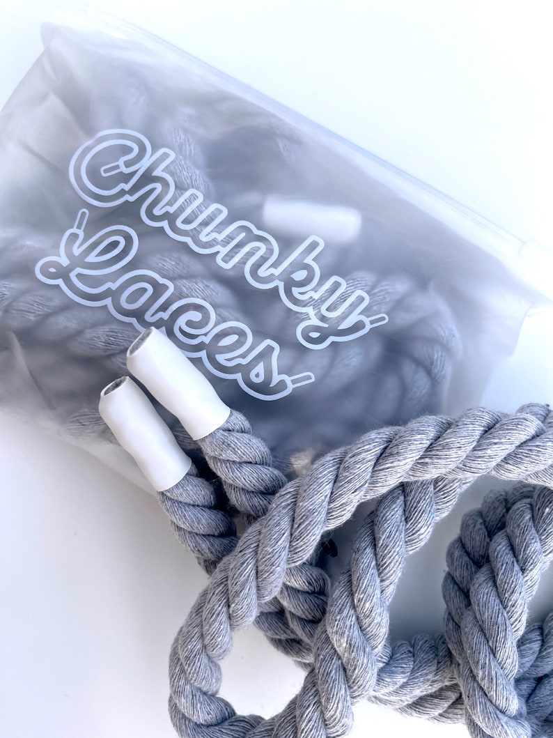 Chunky Laces Grey 14mm thick shoelaces 140cm length , made from macrame twisted cotton rope, inside custom Chunky Lace packaging. These premium laces transform classic sneakers with a unique style, merging personal flair with robust aesthetics.