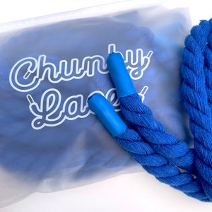 Chunky Laces Blue 14mm thick shoelaces 140cm length , made from macrame twisted cotton rope, inside custom Chunky Lace packaging. These premium laces transform classic sneakers with a unique style, merging personal flair with robust aesthetics.