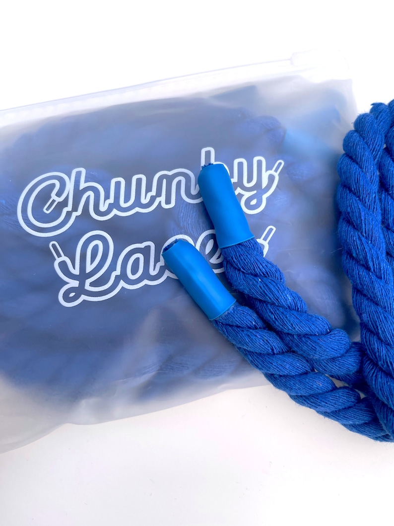 Chunky Laces Blue 14mm thick shoelaces 140cm length , made from macrame twisted cotton rope, inside custom Chunky Lace packaging. These premium laces transform classic sneakers with a unique style, merging personal flair with robust aesthetics.