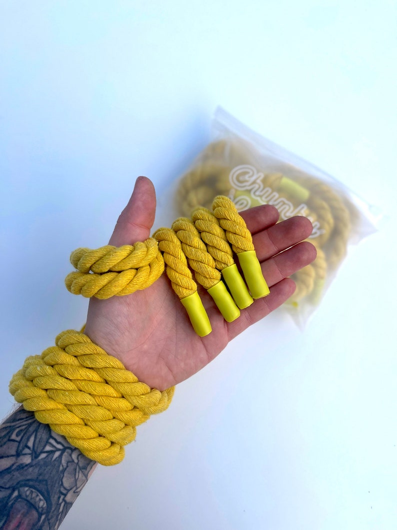 Chunky Laces Yellow 14mm thick shoelaces 140cm length , made from macrame twisted cotton rope, wrapped with custom colour aglet tips. These premium laces transform classic sneakers with a unique style, merging personal flair with aesthetics.
