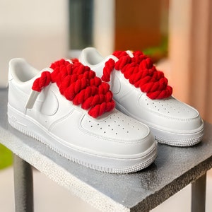 Chunky Laces Red 14mm thick shoelaces 140cm length , made from macrame twisted cotton rope, threaded in Air Force 1s. These premium laces transform classic sneakers with a unique style, merging personal flair with robust aesthetics.