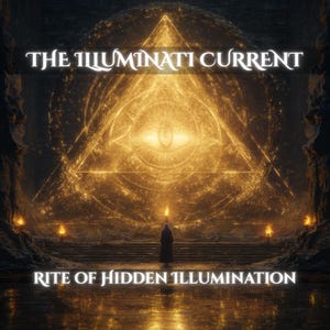 Könnte beinhalten: Eine dunkle Steinkammer zeigt ein leuchtendes goldenes Dreieck mit einem Auge in der Mitte. Eine gehüllte Gestalt steht davor, flankiert von kleinen Fackeln. Der Text lautet THE ILLUMINATI CURRENT und RITE OF HIDDEN ILLUMINATION in Weiß.
