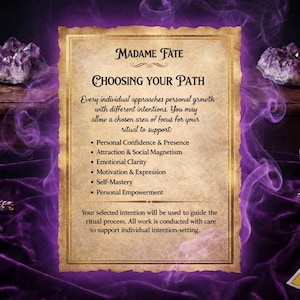 May include: A vintage parchment with the text "MADAME FATE CHOOSING YOUR PATH". The text describes personal growth, ritual support, and intentions. The background is a dark purple with wisps of smoke and amethyst crystals.