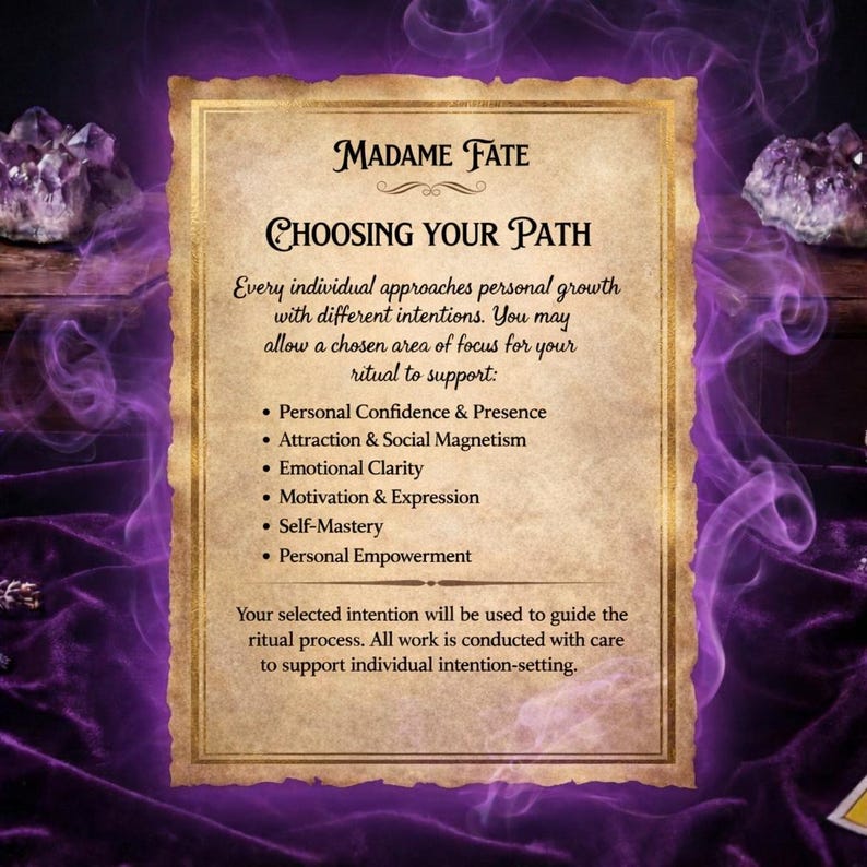 May include: A vintage parchment with the text "MADAME FATE CHOOSING YOUR PATH". The text describes personal growth, ritual support, and intentions. The background is a dark purple with wisps of smoke and amethyst crystals.