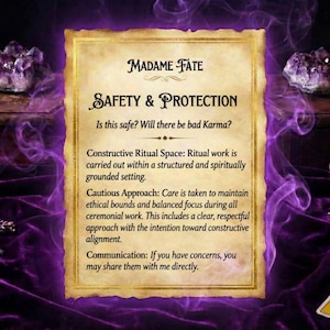 May include: A vintage-style card with the text "MADAME FATE SAFETY & PROTECTION". The card has a gold border and is surrounded by purple smoke and amethyst crystals. The text describes ritual work and ethical bounds.