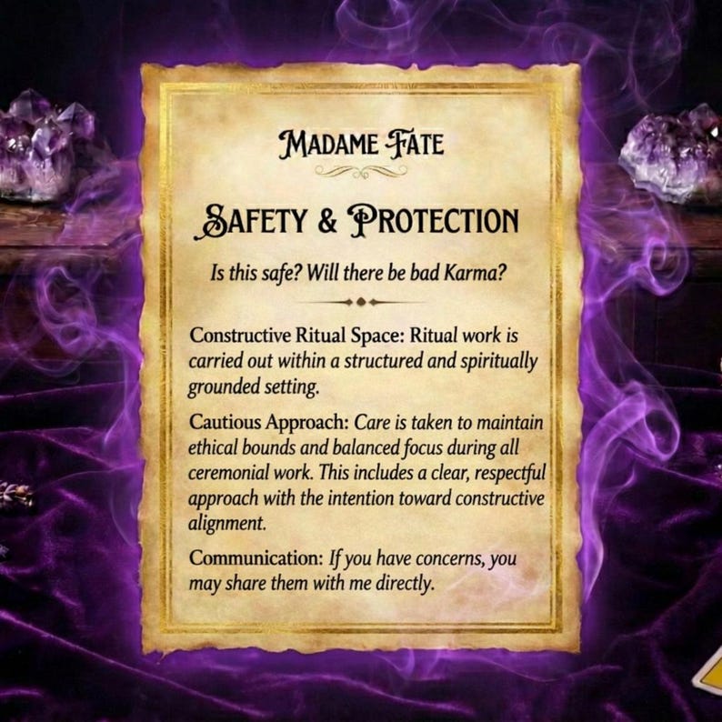 May include: A vintage-style card with the text "MADAME FATE SAFETY & PROTECTION". The card has a gold border and is surrounded by purple smoke and amethyst crystals. The text describes ritual work and ethical bounds.