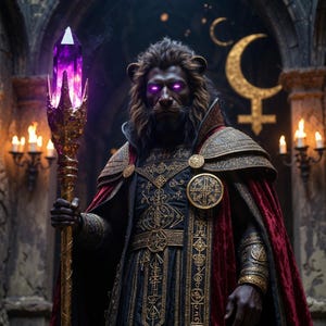 May include: A regal figure with a lion's head, wearing ornate black and gold robes and a red cloak, holds a staff topped with a glowing purple crystal. The image has a fantasy theme, with a mystical and magical atmosphere.