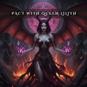 Könnte beinhalten: Eine digitale Illustration mit einer dunkelhaarigen Figur mit Hörnern und großen Flügeln, die ein schwarzes Korsett und einen Rock trägt. Der Text PACT WITH QUEEN LILITH steht darüber. Die Figur hält leuchtende violette Energie in den Händen.