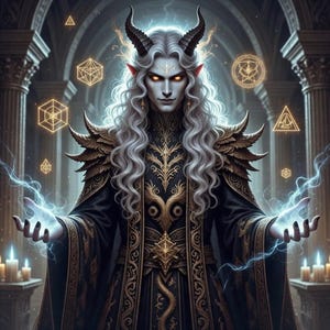 Pode incluir: Uma figura com longos cabelos brancos, chifres escuros e orelhas pontudas vestindo uma túnica preta com bordados dourados intrincados. A figura tem olhos laranja brilhantes, segura energia azul nas mãos e é cercada por símbolos geométricos dourados.