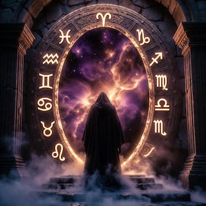 May include: A cloaked figure stands before a glowing portal, encircled by astrological symbols. The portal displays a cosmic scene with swirling purples and oranges. The scene is framed by stone columns and a circular archway.