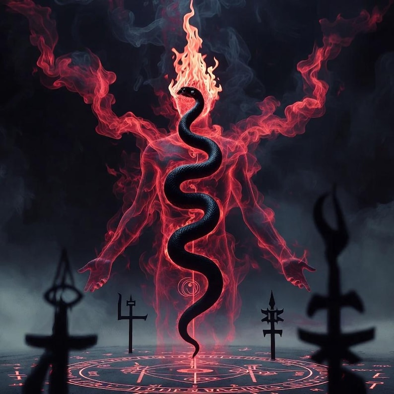 May include: Digital artwork featuring a fiery figure with a black snake coiled around it. The figure is surrounded by red flames and smoke against a dark backdrop. Symbols and a glowing circle are in the foreground.