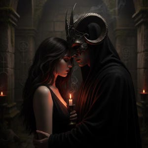 May include: An artistic depiction of two figures in a dimly lit, gothic setting. One figure wears a horned mask and a black hooded cloak, while the other wears a black dress. A lit candle held between them casts a warm glow.