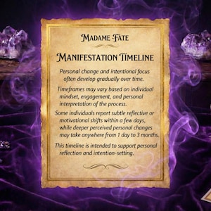 May include: A vintage-style card with the text "Madame Fate" and "Manifestation Timeline." The card has a parchment-like appearance with ornate borders and text describing personal change and intention-setting. Purple accents and crystals surround the card.