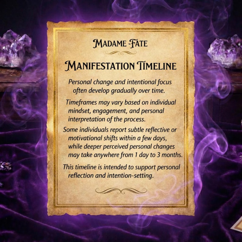 May include: A vintage-style card with the text "Madame Fate" and "Manifestation Timeline." The card has a parchment-like appearance with ornate borders and text describing personal change and intention-setting. Purple accents and crystals surround the card.